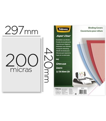 Tapa de encuadernacion fellowes din a3 pvc transparente cristal 200 micras pack de 100 unidades