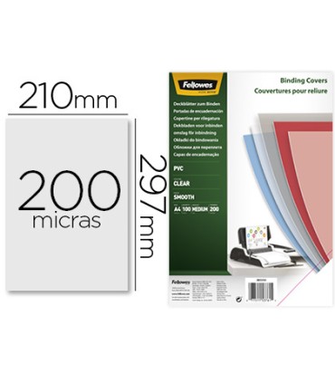 Tapa de encuadernacion fellowes din a4 pvc transparente cristal 200 micras pack de 100 unidades