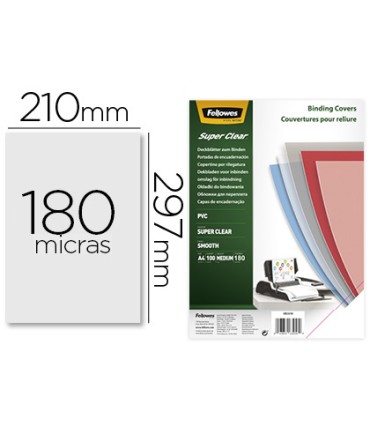 Tapa de encuadernacion fellowes din a4 pvc transparente cristal 180 micras pack de 100 unidades