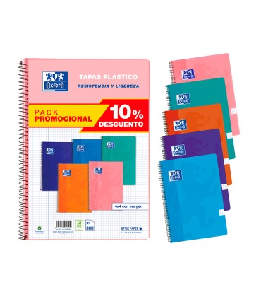 Cuaderno espiral oxford tapa plastico folio 80 hojas cuadro 4 mm pack 5 unidades colores tendecias