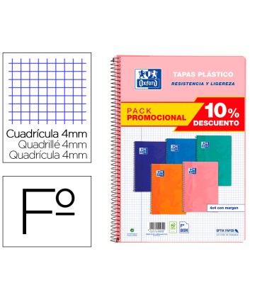 Cuaderno espiral oxford tapa plastico folio 80 hojas cuadro 4 mm pack 5 unidades colores tendecias