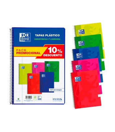 Cuaderno espiral oxford tapa plastico folio 80 hojas cuadro 4 mm pack 5 unidades colores vivos