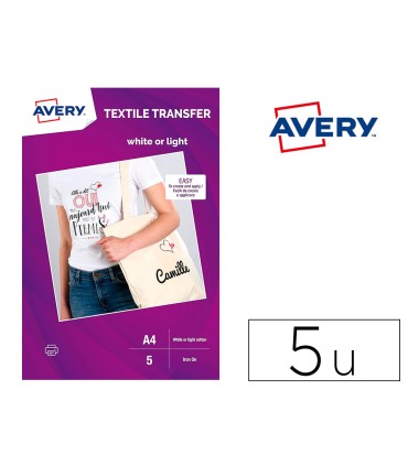 Papel transfer avery algodon claros ink jet din a4 pack de 5 hojas