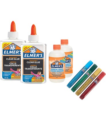 Kit elmers fabricacion slime con 2 botes cola transparente 2 botes liquido magico 4 botes purpurina colores