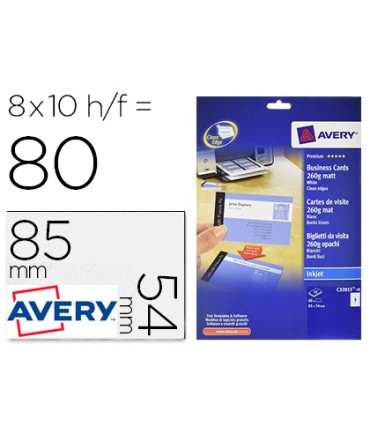 Tarjeta de visita avery blanca mate 85x54 mm 260 gr imprimible doble cara para ink jet pack de 80 unidades