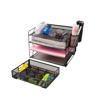 Organizador sobremesa q connect kf17291 bandeja metalica rejilla negra con 6 departamentos 235x183x65 mm