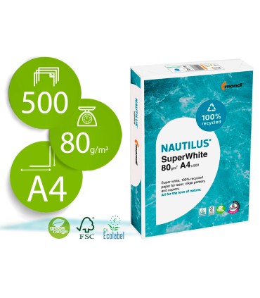 Papel fotocopiadora nautilus superwhite 100 reciclado din a4 80 gramos paquete de 500 hojas