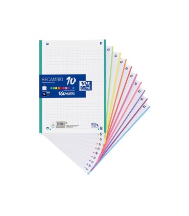 Recambio color oxford a4 160 hojas 90 gr optik paper cuadro 5 mm 4 taladros banda 10 colores