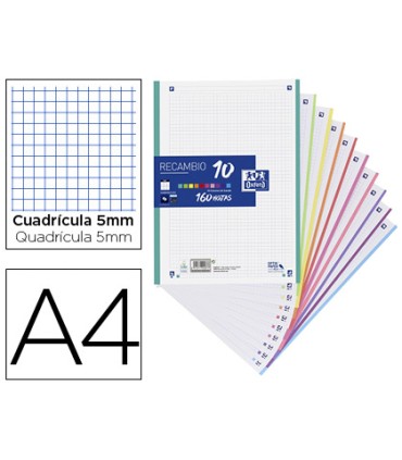 Recambio color oxford a4 160 hojas 90 gr optik paper cuadro 5 mm 4 taladros banda 10 colores