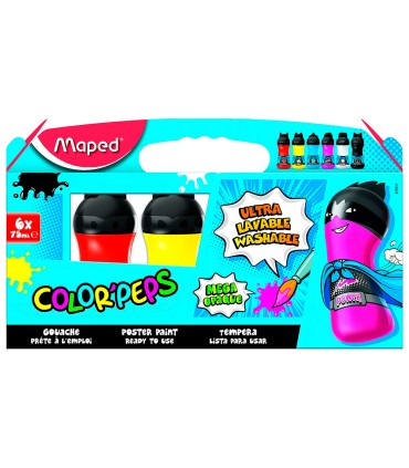 Tempera maped color peps ultra lavable caja de 6 colores surtidos primarios 75 ml