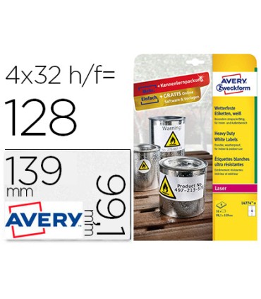 Etiqueta adhesiva resistente avery poliester blanco 991x139 mm para impresora laser pack de 32 unidades