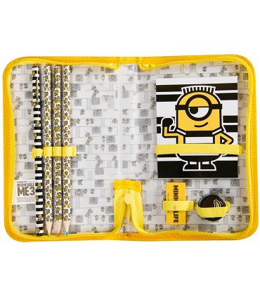 Bolso portatodo con cremallera minions con libreta goma sacapuntas y lapices colores