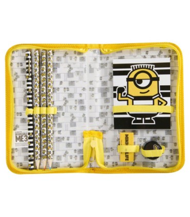 Bolso portatodo con cremallera minions con libreta goma sacapuntas y lapices colores