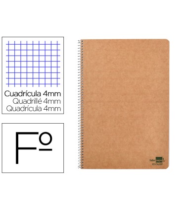 Cuaderno espiral liderpapel folio ecouse tapa cartulina kraft 80h papel reciclado 80 gr cuadro 4mm con margen