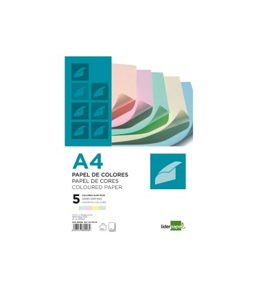 Papel color liderpapel a4 80gr 5 colores surtidos paquete de 500 hojas