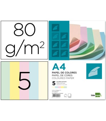 Papel color liderpapel a4 80gr 5 colores surtidos paquete de 500 hojas