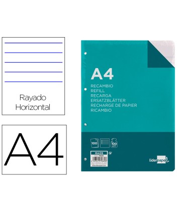 Recambio liderpapel a4 100 hojas 100 g m2 rayado horizontal con margen 4 taladros