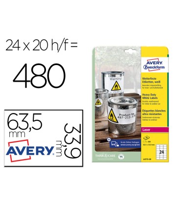 Etiqueta adhesiva resistente avery poliester blanco 39 mm 635x339 mm laser pack de 480unidades