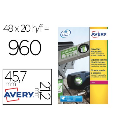 Etiqueta adhesiva resistente avery poliester plata 12 mm 457x212 mm laser pack de 960unidades