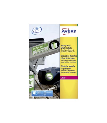 Etiqueta adhesiva resistente avery poliester blanca 210x297 mm laser pack de 20 unidades