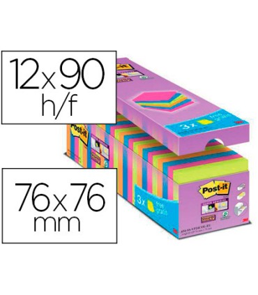 Bloc de notas adhesiva quita y pon post it super sticky 76x76 mm 90 hojas colores surtidos pack de 21 3