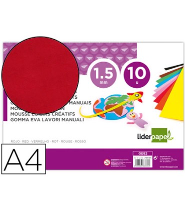 Goma eva liderpapel din a4 60g m2 espesor 15mm rojo paquete de 10 hojas