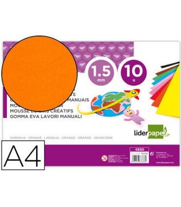 Goma eva liderpapel din a4 60g m2 espesor 15mm naranja paquete de 10 hojas