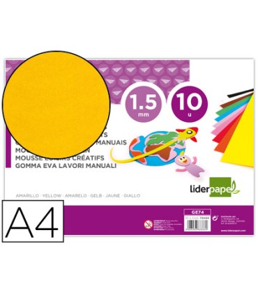 Goma eva liderpapel din a4 60g m2 espesor 15mm amarillo paquete de 10 hojas