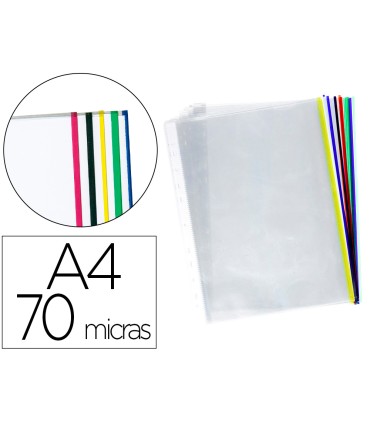 Funda multitaladro q connect din a4 70 mc cristal con borde colores surtidos bolsa de 25 unidades