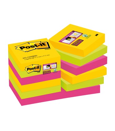 Bloc de notas adhesivas quita y pon post it super sticky 476x476 mm con 90 hojas pack de 12 bloc colores