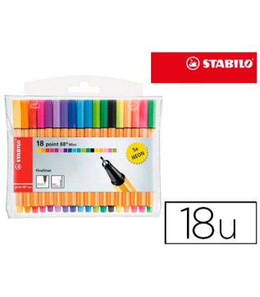 Rotulador stabilo punta de fibra point 88 mini estuche de 18 unidades colores surtidos