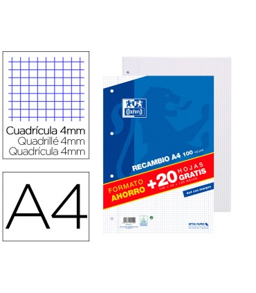 Recambio oxford a4 100 20 hojas gratis 90 gr cuadro 4mm 4 taladros