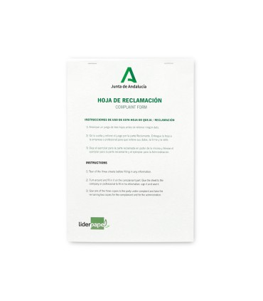 Libro liderpapel hojas de reclamaciones junta de andalucia din a4 25 juegos original 2 copias