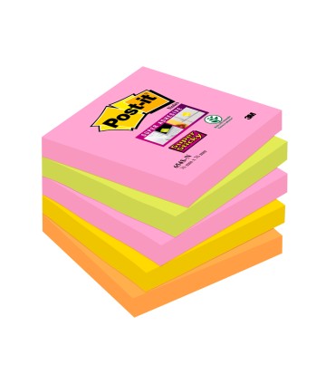 Bloc de notas adhesivas quita y pon post it super sticky 76x76 mm con 90 hojas pack de 5 bloc colores surtidos