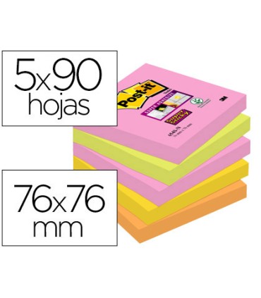 Bloc de notas adhesivas quita y pon post it super sticky 76x76 mm con 90 hojas pack de 5 bloc colores surtidos