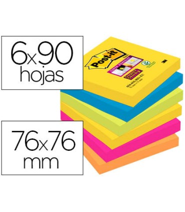 Bloc de notas adhesivas quita y pon post it super sticky 76x76 mm con 90 hojas pack de 6 bloc colores surtidos