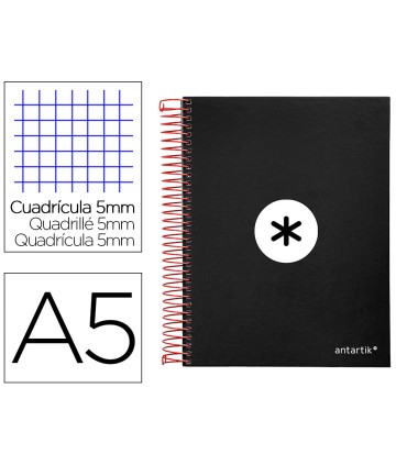 Cuaderno espiral liderpapel a5 micro antartik tapa forrada120h 90 gr cuadro 5mm 5 bandas6 taladros color negro