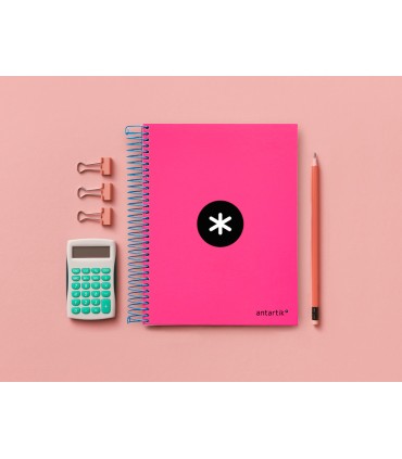 Cuaderno espiral liderpapel a5 micro antartik tapa forrada120h 100 gr cuadro 5mm 5 bandas 6 taladros color rosa