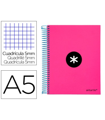 Cuaderno espiral liderpapel a5 micro antartik tapa forrada120h 100 gr cuadro 5mm 5 bandas 6 taladros color rosa