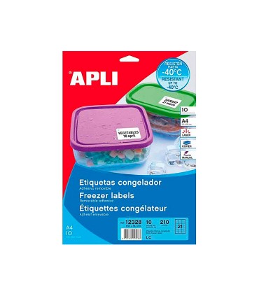 Etiqueta adhesiva apli 12328 tamano 635x381 mm para congelados caja con 10 hojas a4 blancas directiva europea