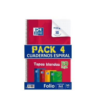 Bloc espiral oxford tapa flexible optik paper folio 50 hojas 90 gr cuadros 4 mm pack de 4