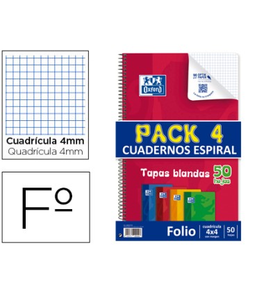 Bloc espiral oxford tapa flexible optik paper folio 50 hojas 90 gr cuadros 4 mm pack de 4