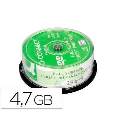 Dvd r q connect con superficie 100 imprimible para inkjet capacidad 47gb duracion 120mivelocidad 16x bote de 25 unid