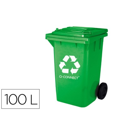 Papelera contenedor q connect plastico verde para envases de vidrio 100l con tapa y ruedas 750x470x370 mm