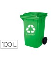 Papelera contenedor q-connect plastico verde para envases de vidrio 100l con tapa y ruedas 750x470x370 mm