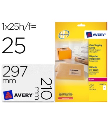 Etiqueta adhesivas resistente avery transparente 210x297 mm caja de 25 unidades