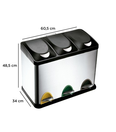 Papelera contenedor q connect metalica con tapadera de plastico y pedal 3 depositos 45l 605x340x485 mm