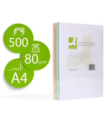 Papel color q connect din a4 80 gr 5 colores surtidos paquete de 500 hojas