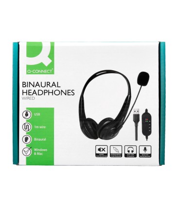 Auricular q connect biaural diadema con microfono y control de volumen conexion usb color negro