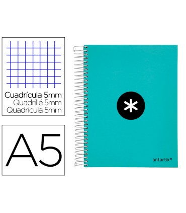 Cuaderno espiral liderpapel a5 micro antartik tapa forrada120h 90 gr cuadro 5 mm 5 banda6 taladros color menta